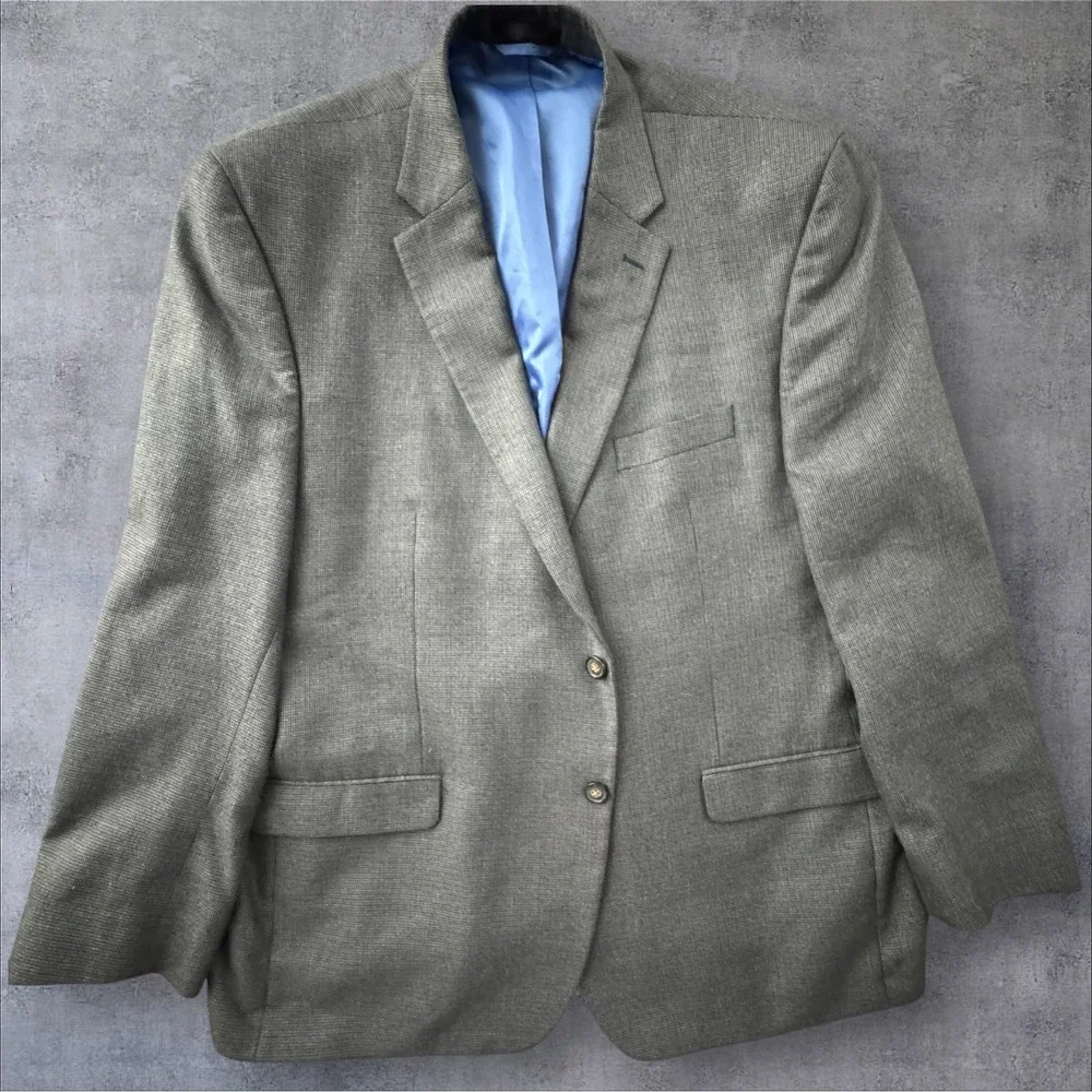 Chaps Mens Sport Coat 48R Olive Grey Micro Check Two Button Notch Lapel Blazer